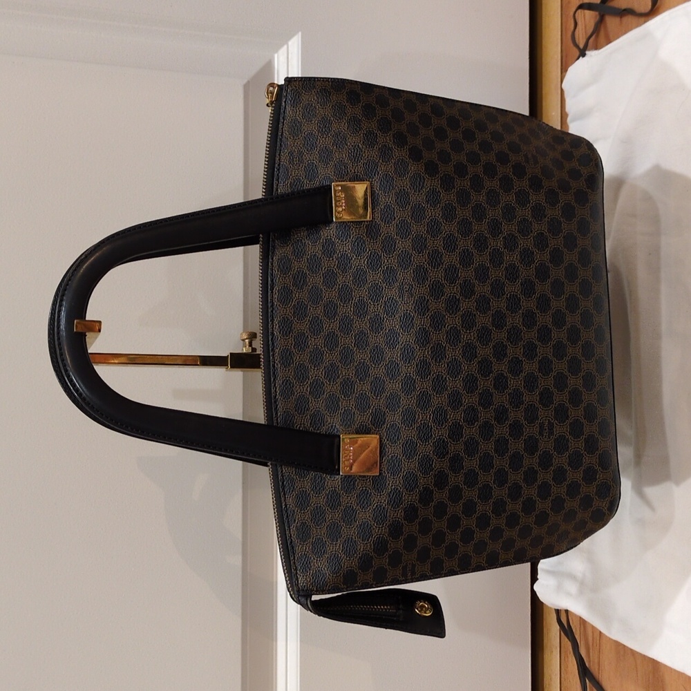 Celine GUC Black Macadam Coated Canvas Zip Top MC97/2 Satchel Purse With Dustbag - Picture 4 of 17